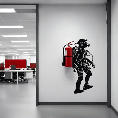 Creative Scuba Diver Silhouette Wall Sticker - Fire Extinguisher Deep Dive Design 31 x 15