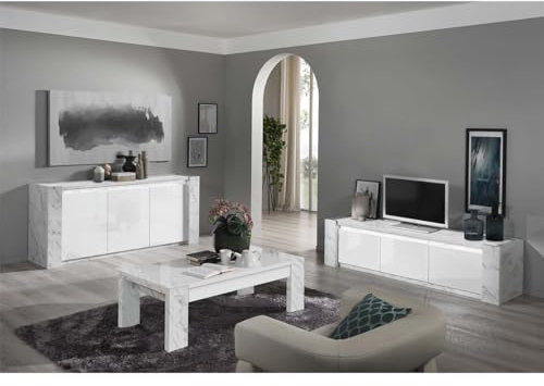 AltoBuy PRAVA - Ensemble Salon Blanc et Effet Marbre Meuble TV et Buffet avec LEDs + Table Basse