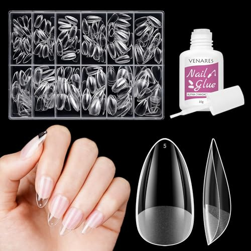 Nail Tips Almond Short, Venares 500 Stück Mandel Gel Tips für Nägel zum Aufkleben 12 Größen kurze nageltips für Gelnägel Mandelform, Softgel Tips für Gelnägel Mandel mit Kleber für Nagelverlängerung