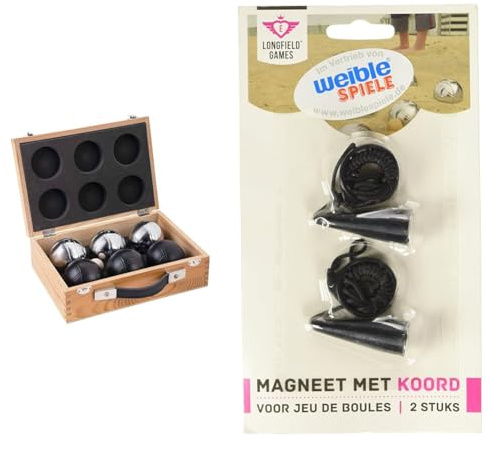Engelhart - 010208 - Set Luxusbälle In Einer Holzkiste - Boules-Set, 6-Teilig, Schwarz/Silber - 720 GR & weiblespiele 010160 - Boules-Kugelmagnet