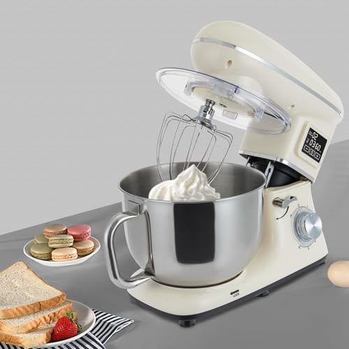 Kozivmo Küchenmaschine SM-1505HL, 1500 W, Teigmaschine mit LCD-Display, 6.2L, Profi-Knethaken, 6+1 Mixgeschwindigkeiten, Rührbesen, Weiß, ABS Material