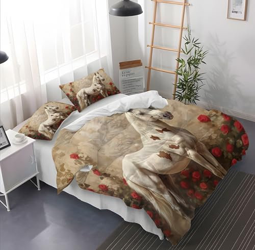 Braun Weiß Bettwäsche Set 3 teilig, ÖLgemäLde Pferd Drucken Microfaser Bettwaren-Sets Mit Reißverschluss für Vier Jahreszeiten Enthält 1 Bettbezug 200 × 200 cm und 2 Kissenbezug