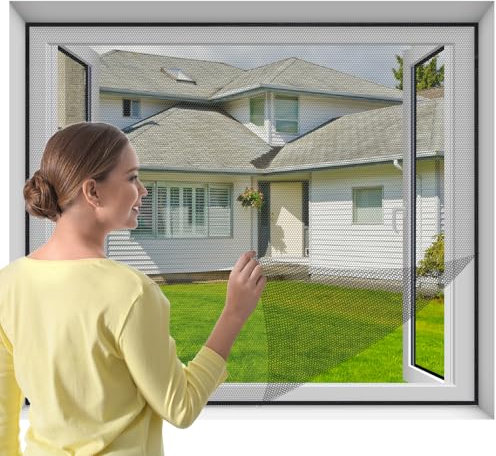 Fly Screen for Windows, Mosquito Net Window Insect Screen Mesh, 150cm x 180cm Durable ‎Polyester Window Screen Mesh, Without Drilling or Screwing with Self Adhesive Tape, Black