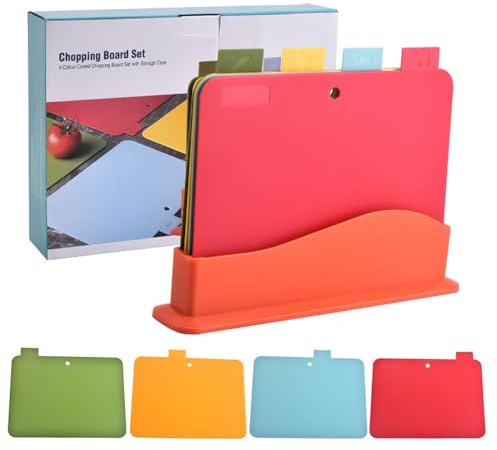 Chopping Board Set - Colour Coded Plastic Cutting Boards with Storage Stand - Set of 4 with Holder