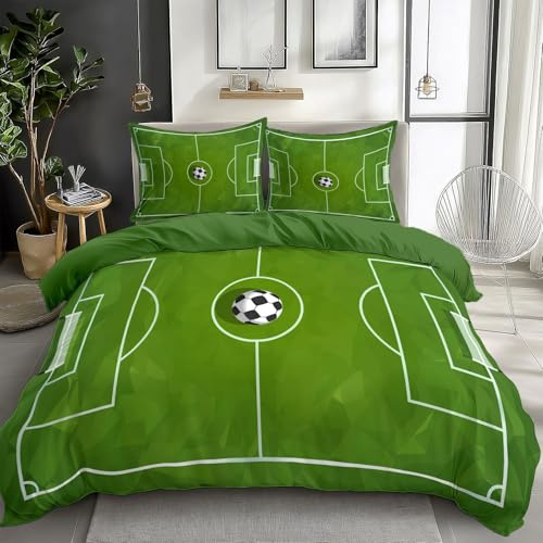 CozyRest Set biancheria letto reversibile Campo da calcio, Policotone Ipoallergenico copripiumino Verde 135 x 200 cm + 1 federe Copripiumino Set per Camera da letto per bambini adulti
