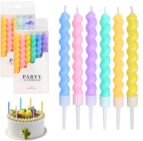 12Pcs Twisty Birthday Candles, Rainbow Decoration Cupcake Candles Party with Holders, Long Thin Coil Spiral Cake Candles for Birthday Wedding Party