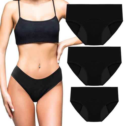 EOAMGO Period Pants for Women, 3PCS Period Underwear, Leakproof Underwear for Women, Period Pants Heavy Flow, Period Knickers Women (UK, Alpha, M, Regular, Regular, Black)