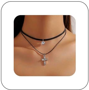 Atentuyi Goth Geschichtetes Schwarzes Lederhalsband Kristall Kreuz Anhänger Halskette Mini Cz Einfaches Halsband Dünnes Kurzes Kropfband Seilkette Kragen Minimalistisches Frauen