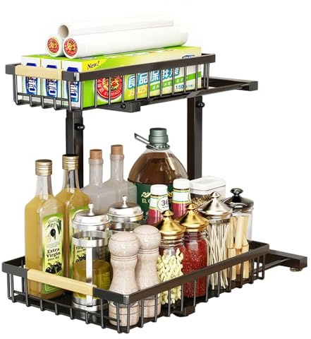 JOUING Almacenaje Bajo Fregadero de Metal Organizador Cocina 2 Niveles con Mango de Madera Cajones Extraible con Altura Regulable Estante de Almacenamiento para Cocina, Baño (Negro, 1 Paquete)