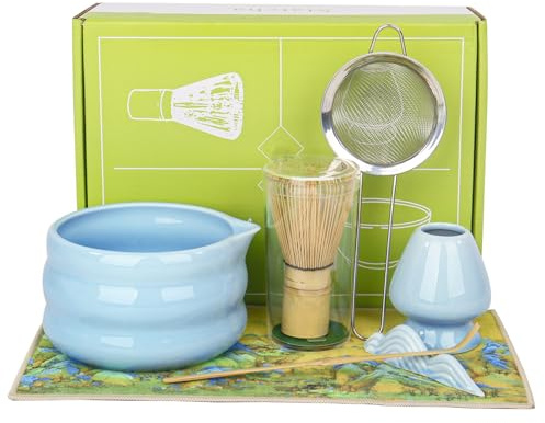 Set of 7 Matcha Tea Set with Whisk and Bowl Matcha Kit for Ceremony Matcha Whisk, Gift for Matcha Lover(Blue)