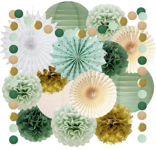 Décorations de Fête Vert Sauge, Crème Or Pompon Papier de Soie Guirlande, Éventail Papier, Verte Olive Ponpon, Decoration Anniversaire Vert Sauge pour Fête Prénatale Anniversaire ou Mariage