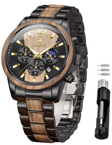 OLEVS Men Watch Personality Stainless Steel Wood Accent Multi Function Dial Business Waterproof Luminous Casual Luxury Quartz Watch