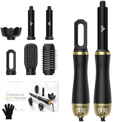 Seche Cheveux 6 en 1, Brosse Chauffante Brushing et 1000W SèChe-Cheveux, Boucleur a Air, Brosse Lissante Chauffante, Thermal Brush, Brosse Coiffante, Coffrets Cadeaux pour Femmes (Noir)