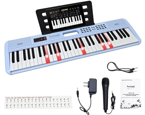 Funtaki 61-tangenters elektroniskt tangentbordpiano för vuxna med upplysta tangenter, 61 kompakta tangenter digitala pianon – perfekt nybörjarpianoblått