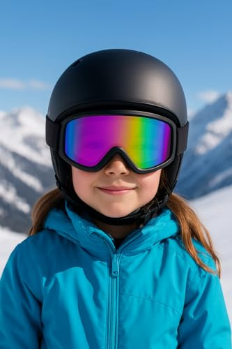 tekkapoi Lunettes de ski pour enfants de 3 à 12 ans - Double lentille anti-buée - Protection UV400 - Compatible avec les casques OTG - Lunettes de ski et de snowboard avec verres miroir colorés et