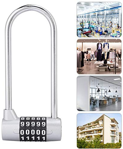 Aoaoy 5-Dial Combination Lock, Zinc Alloy U Shape Code Lock Extra Long Cabinet Padlock for Gym, Toolcase, with Easy Reset Password Lock Design, Ideal for Indoor & Outdoor Use (Silver)