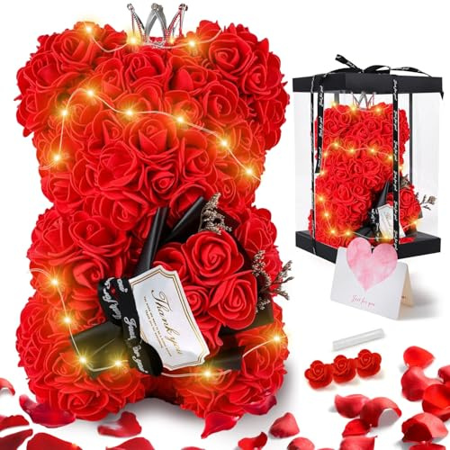 Romantic Rose Bear Valentine’s Day Gift for Her, LED Light and Crown Decorated Artificial Teddy Bear with Bouquet, Gift Box and Greeting Card, for Mother’s Day, Birthday, Girlfriend, Wife, Mom