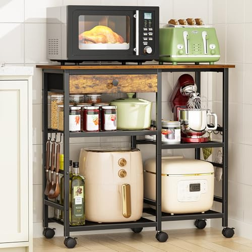 Draelibor Microwave Stand, 6-Tier Microwave Cart with Wheels & Adjustable Shelf, Coffee Bar Table Station, Rolling Storage Cart Organizer Shelf for Living Room, Kitchen Island, Office, Rustic Brown