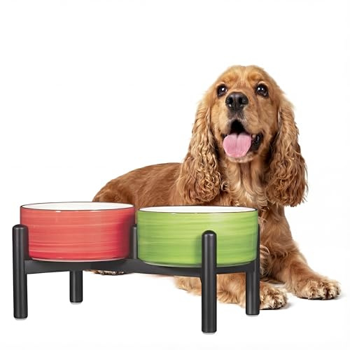 Comedero Perro Elevado Ceramica Doble - Soporte Acero Inoxidable con Cuencos de Cerámica Acanalado - Comedero con Bebedero para Perros Pequeños y Medianos - 350g / 660ml - Set di Natale
