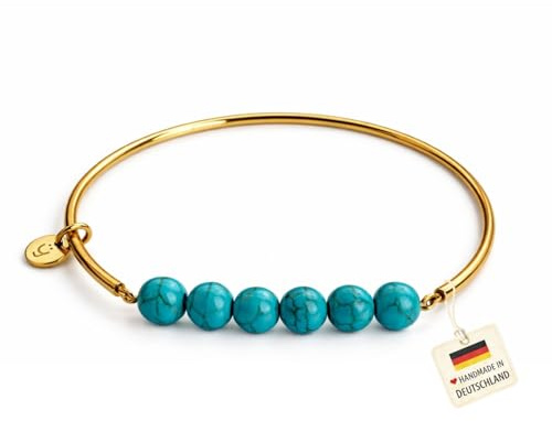 happymaker - Edelstein Armreifen, elastischer Edelstahl Armreif Gold Damen mit Edelstein Perlen, handgefertigt in Deutschland