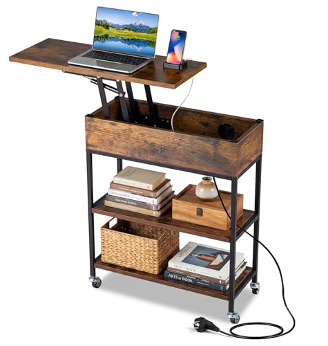 COSTWAY Beistelltisch mit Hebeplatte & Ladestation, rollbarer Couchtisch mit verstecktem Stauraum & offenen Regalen, Sofatisch schmal für Wohnzimmer & Schlafzimmer