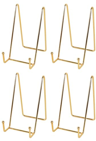 Qury Förpackning med 4 tallriksstativ 15 cm metallstaffli stativ liten bildhållare dekorativ tallrikshållare för tallrikar foton böcker guld