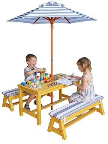 Relaxdays Conjunto Infantil Exterior con Mesa y Bancos, sombrilla y Cojines, Madera Natural, 50x89x44 cm