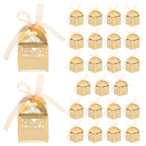 GETAJGHSD Pralinenschachtel 25 Stück Gold Hohlboxen für Hochzeit und Party Gastgeschenk Verpackungsboxen mit Liebesvogel Schleife aus Papier