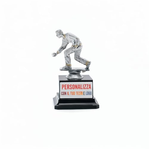 D&Vlab Trofeo Torneo Bocce 15 cm Argento Personalizzato con Targhetta Bianca Stampata – Coppa Premiazioni Sportive