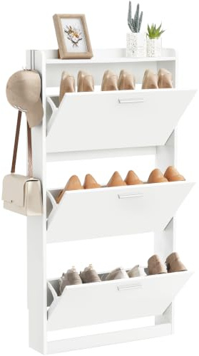 Schuhschrank mit 3 Klappen, Schuhregal mit 3 Ebenen, Schuhschrank Schmal | Schuhkipper Schmal, Perfekt für Schmale Flure, Wohnzimmer, Schlafzimmer, 60 x 16 x 120 cm, Weiß