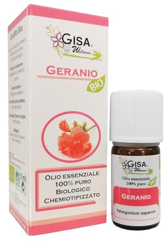 Gisa Wellness - GERANIE - Bio Ätherisches Öl - 100% Rein und Natürlich - [5ml] - Lebensmittelqualität - Aromatherapie - Körperpflege - Wohlbefinden - Hergestellt in Italien