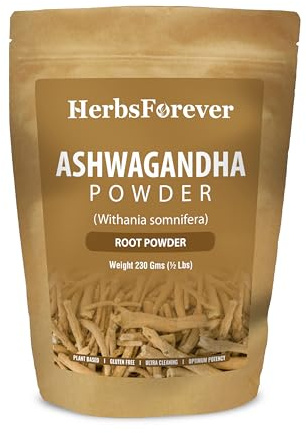 HerbsForever Ashwagandha (Withania somnifera)Root Powder- Ayurvedic Adaptogen Herb For Sleep, Anti Stress,Ideal for Smoothie, Juice & Teas| Wild Harvested, Non GMO, 2X Potency,Ultra Clean| 8oz-1/2 LBS