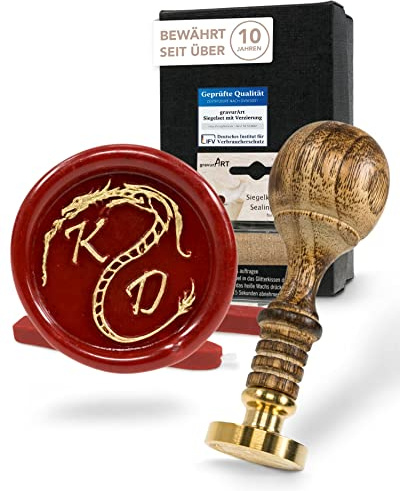Siegelset gravurART mit Siegelstempel personalisiert incl. 2 Stangen Siegelwachs und Goldkissen - Einladungen mit Wachssiegel personalisiert 2 Initialen Zierrand Drache