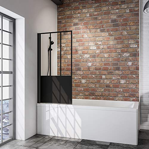 Schulte pare baignoire 80 x 140 cm, profilé noir, montage gauche droite, écran 1 volet mobile pivotant rabattable 180° contre le mur, verre de sécurité 5 mm décor Atelier traitement anticalcaire
