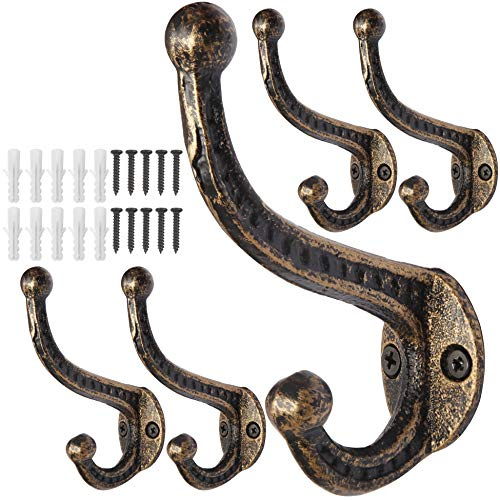 WEBI Ganchos para Abrigos,5 Hierro Fundido Gancho Perchero de Pared,Gancho Pared,Ganchos para Colgar,Colgador Pared,Percha Pared,Negro/Dorado