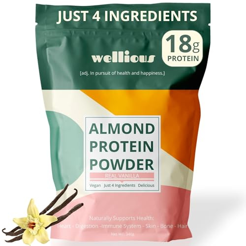 wellious Almond Protein Powder (Vanilla) - 18 Grams of Pure Healthiest Vegan Protein for Women & Men - Perfect Soy-Free & Smooth Gut Friendly Protein Powder for Sports Nutrition