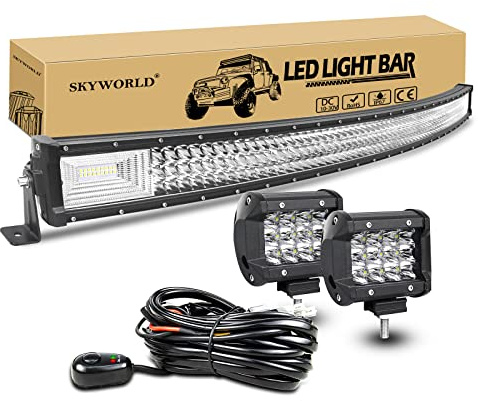 SKYWORLD Curvo Barra LED 52 Pulgadas 675W Barras de Luz de Trabajo triple riga 12V 24V, 2 x 4 36W Focos LED Tractor faros Trabajo con kit de arnés de cableado Coche camion 4x4 SUV ATV UTV vehículos