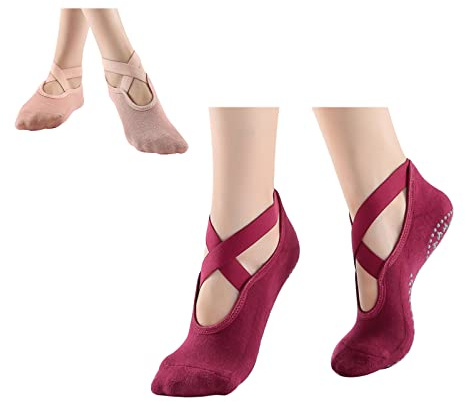 Andiker Yoga socken, 2 Paar rutschfeste Yogasocken, rutschfeste Sportsocken mit elastischen Kreuzgurten für Damen und Mädchen, ideal für Pilates Ballett Indoor Fitness Yoga Trampolin