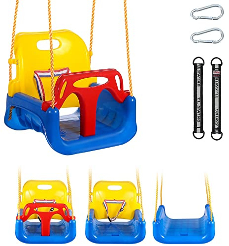 Altalena per Bambini, Seggiolino Altalena 3 in 1 con Corda da 2m, Altalene da Giardino con Staccabile Schienale e Protezione Anteriore (Blu)