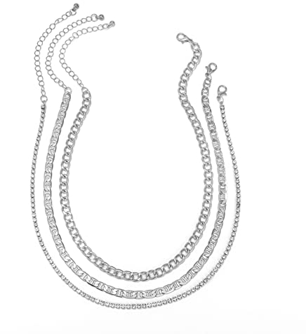 Beydodo Mehrreihig Kette Verschluss, Mehrschichtige Halskette Damen mit Zirkonia Bohnenkette Panzerkette Layering Kette Silber Vergoldet