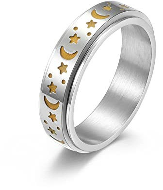Yifnny Spinner Ring, Edelstahl Spinner Ringe für Damen Herren Zappelbandringe Mond Stern Ringe Stressabbauende Hochzeit Versprechen Leuchtender Ring