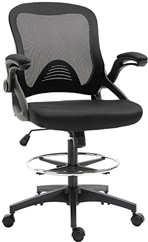 Vinsetto Bürostuhl Ergonomischer Schreibtischstuhl mit Hochklappbaren Armlehnen und Verstellbarer Fußring, Höhenverstellbarer Drehstuhl Zeichenstuhl mit Wippfunktion, Netzbespannung Schwarz