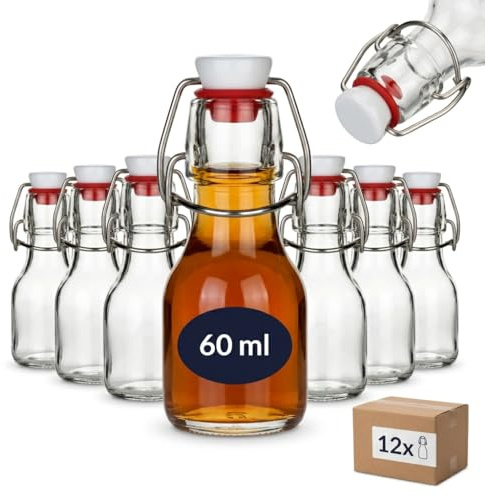 gouveo 24er Set Mini-Glasflaschen 60 ml (0,06 l) rund mit Bügelverschluss – Drahtbügelverschluss mit Dichtung – Mini für Hochzeitsmitgebsel, Likör-Proben, Spirituosen – Spülmaschinengeeignet (BFR60)