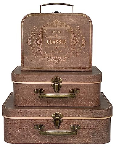 Decorative Storage Box Set of 3 With Lids - Vintage Suitcases for Home Decoration, Keepsake, Cardboard Memento Case, Photo Storage, Hat Box, Nesting Gift Box (Brown)