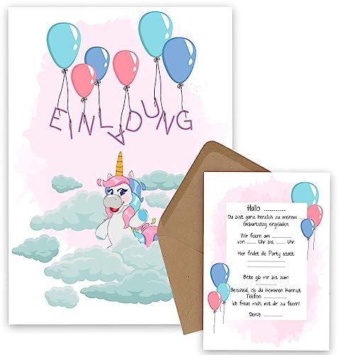OWLBOOK Einladung Einhorn mit Luftballons 5 Einladungskarten Kindergeburtstag Mädchen Einhorn Geburtstagseinladungen Mädchen zur Einhorn Motto Party - Kinder Geburtstag Einladungen zum Ausfüllen
