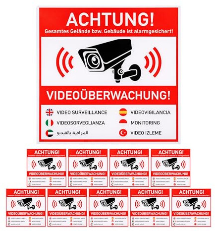 Set di adesivi ATTENZIONE! VIDEO SORVEGLIANZA!, 12 pz, 10 x 10 cm, pellicola autoadesiva, adesivo di avvertimento per interni ed esterni, cartello informativo sulla telecamera in 7 lingue