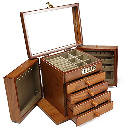 soudesileim 5 Ebenen 4 Schubladen Schmuckschatulle, Schmuckkoffer Holz Vintage Mit Spiegel Und Zahlenschloss, Beide Seiten können geöffnet werden, Geschenk (Farbe Nussbaumholz, 27.5/19.1/22.9cm)