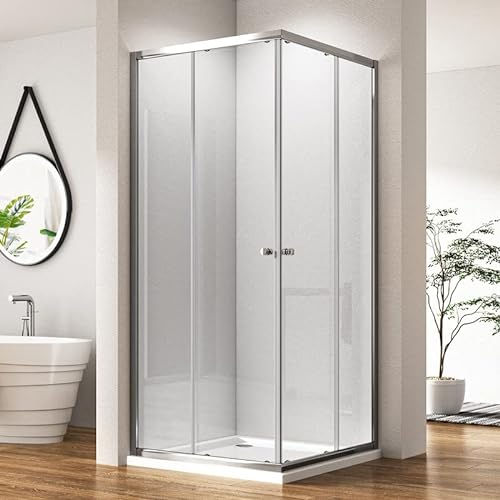 Schiebetür Eckeinstieg Duschkabine 90x90cm Silber Doppel Schiebetüren Duschabtrennung mit 5mm ESG Sicherheitsglas Glas Leichte Reinigung, Eckdusche Komplettdusche Silber Duschwand Höhe 185cm
