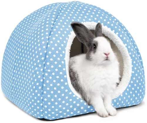 Tierecare Großes Kaninchenbett und Versteck, Modernes Hasenhaus aus Stoff und Schaumstoff, Blau, für Innenhasen und Meerschweinchen, Waschbar, mit Urinierpolster und rutschfester Unterseite