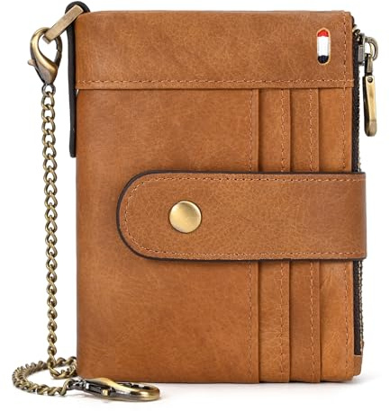 LUUFAN Portafoglio bifold in vera pelle con catena antifurto Portafoglio con doppia cerniera per contanti, monete, carta di credito con finestra identificativa (marrone)